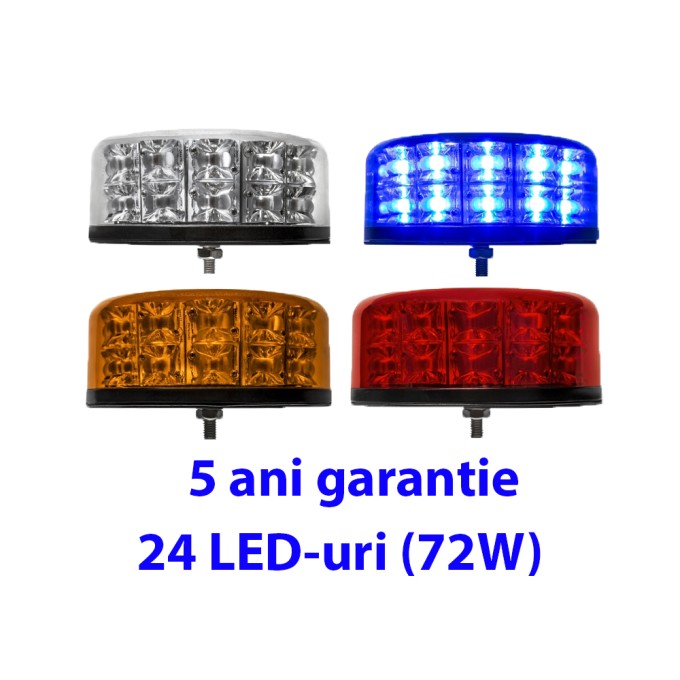 Girofar LED aerodinamic 12-24V 24 LED-uri de 3W - 5 ani Garantie - 1 punct (ax filetat) de prindere